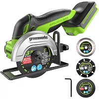 Угловая мини-шлифмашина аккумуляторная GreenWorks GD24UCS, 24В, б/щет., 20000 об/мин, 76 мм, рез 18 мм, без АКБ и ЗУ 3402007