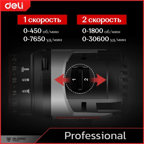 Дрель-шуруповерт аккумуляторная ударная DELI DE-CZ20-2D2 2 акб, 20В х 2Ач, ЗУ, 10мм, 50Нм, сумка 164330 фото 6