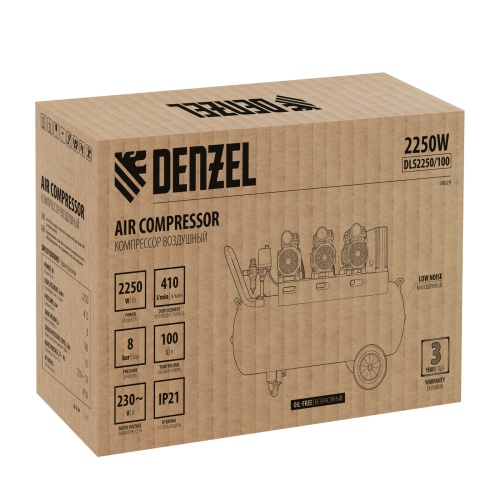 Компрессор безмасляный, малошумный  DLS 2250/100, 2250 Вт, 3x750, 100 л, 410 л/мин блок управления/ Denzel фото 7