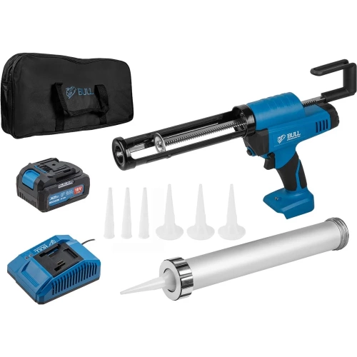 Аккумуляторный пистолет для герметика BULL CG 1860 SET(1x4), сумка, 300/600 мл, 2500 Н, 8,3 мм/с, рег. скор. 1304625