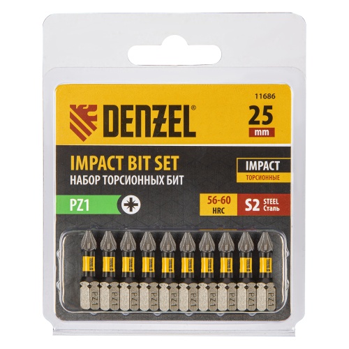 Бита IMPACT, PZ1x25 мм, лазерная обработка шлица, сталь S2, 10 шт., Е 6,3 Denzel фото 4