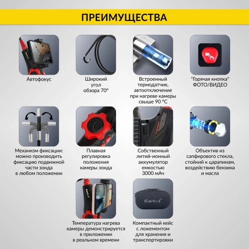 Управляемый видеоэндоскоп iCarTool USB, 2Мп, 1920x1080, 1 м, 6 мм, поворот камеры 360° IC-V200 фото 6