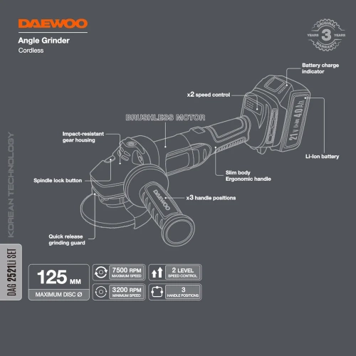Углошлифовальная машина аккумуляторная DAEWOO DAG 2521Li SET фото 4