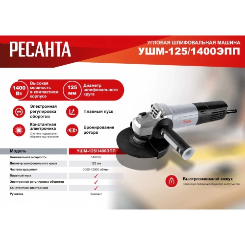 Углошлифовальная машина Ресанта УШМ-125/1400 ЭПП 75/12/14 фото 4