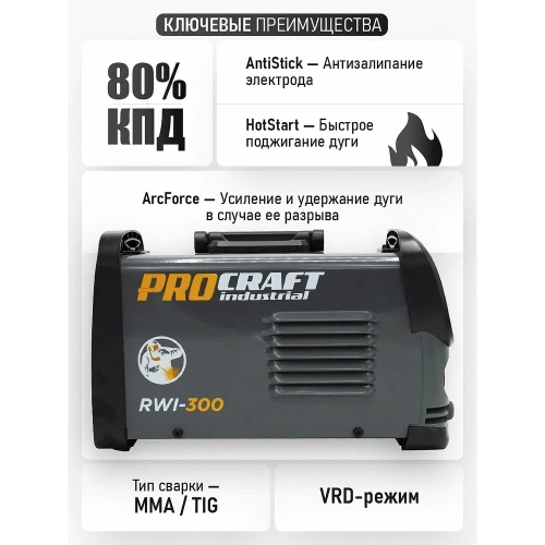 Сварочный аппарат инверторный PROCRAFT 6,3кВт, 20-140А, ММА RWI-300 фото 9