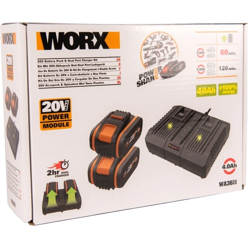 Комплект: Двойное Зарядное устройство WORX WA3883 + 2 АКБ 4.0 А/ч фото 4