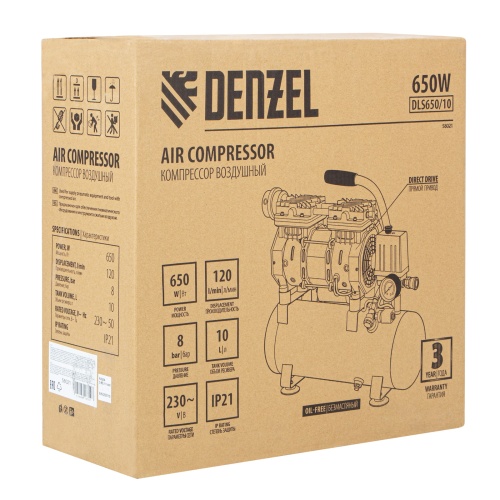 Компрессор DLS650/10 безмаслянный малошумный 650 Вт, 120 л/мин, ресивер 10 л Denzel фото 10