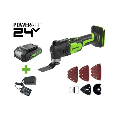 Мультитул GreenWorks G24MT, 24V, QOIS, 5000-18000/мин, 3,2, LED, оснастка 13 шт, 1x2Ач,ЗУ, коробка 3400307VUA