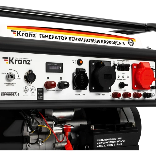 Бензиновый генератор KRANZ KR9000EA-3 9кВт 230В/380В 25л коннектор автоматики электростартер KR-16-1140 фото 4