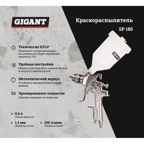 Краскораспылитель (сопло 1,4 мм; бачок 0,6 л, HVLP) Gigant SP 180 фото 4