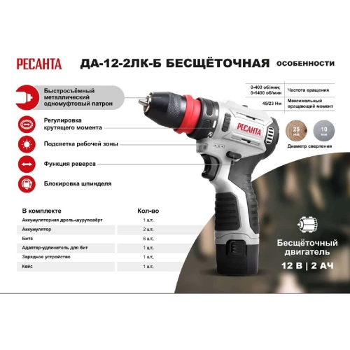 Дрель-шуруповерт аккумуляторная Ресанта ДА-12-2ЛК-Б бесщеточный двигатель 75/14/24 фото 3