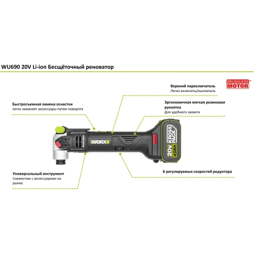 Аккумуляторный бесщеточный реноватор WORX Professional WU690.1 20 В, 2 Ач х 2, ЗУ 1.2 А WU690.1 фото 3