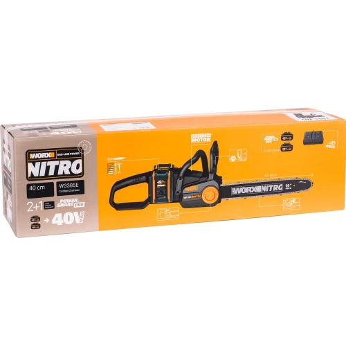 Аккумуляторная цепная пила WORX NITRO , 40В 40см бесщеточная, 4.0Ач х2, ЗУ 2А, коробка WG385E фото 11