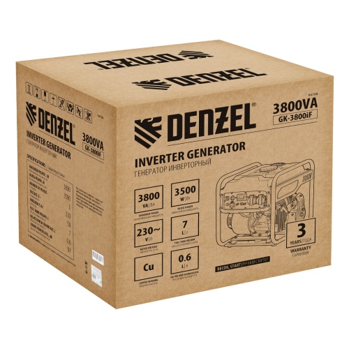 Генератор инверторный GK-3800iF, 3,8 кВт, 230 В, ручной старт DENZEL фото 7