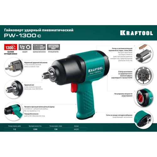 Ударный пневматический гайковерт KRAFTOOL PW-1300c, 1/2" 1300 Нм 64205 фото 11