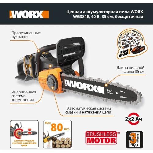 Бесщеточная цепная аккумуляторная пила WORX 40 В, 2х2.0 А*ч, двойное ЗУ 2x2A WG384E фото 6