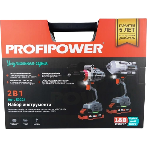 Аккумуляторный бесщеточный набор 2в1 Profipower ProfiSet 2С18, Li-ion 2шт, 4Ач, адаптер HEX, набор головок, З/У, кейс, E0186, E0087, E0221 фото 4