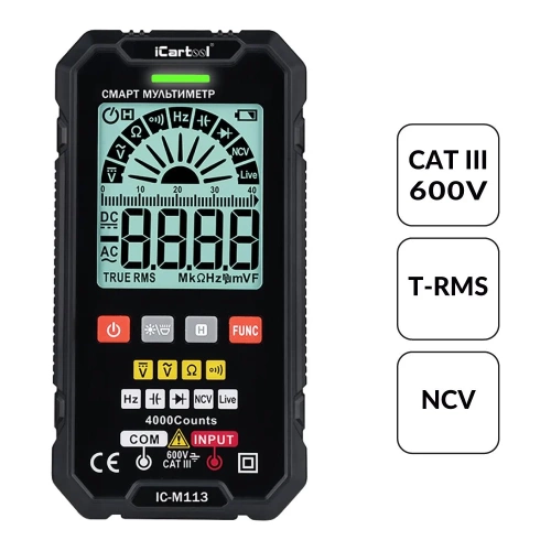 Цифровой смарт-мультиметр iCarTool с подсветкой экрана CATIII 600V, TrueRMS IC-M113