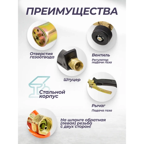 Горелка газовая с насадками и гибким шлангом Forsage (насадки-25,35,50мм; L-390мм; L шланга-1.5м) в блистере F-15040(16288) фото 5