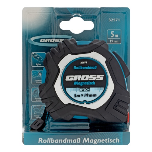 Рулетка Magnetisch 5 м х 19 мм,обрезиненный корпус,автоматическая фиксация,Нейлоновое покрытиеытие,зацеп с магнитом Gross фото 7
