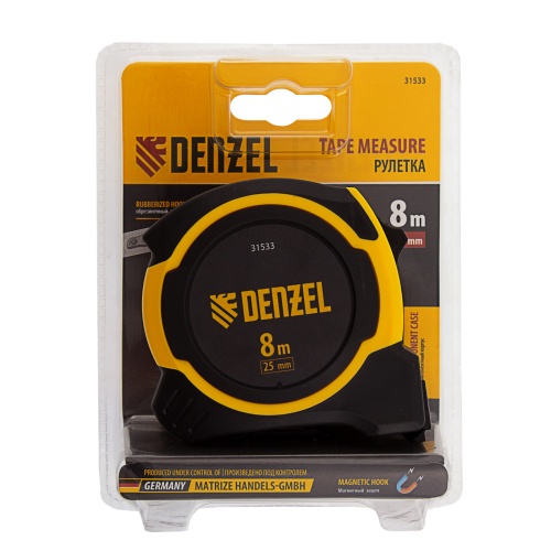 Рулетка 8м х 25мм, двухкомп. корпус, магнитный обрезиненный зацеп Denzel фото 7