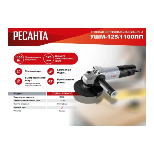 Углошлифовальная машина Ресанта УШМ-125/1100 ПП 75/12/15 фото 4