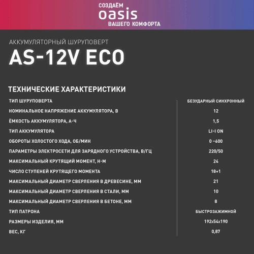 Аккумуляторный шуруповерт OASIS безударный синхронный AS-12V Eco фото 8