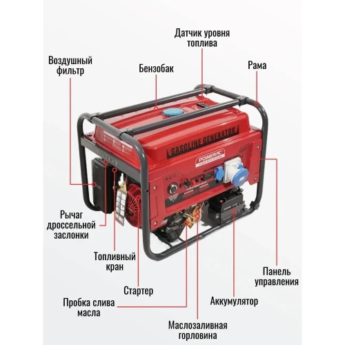 Генератор бензиновый электрический POWERAC 6.5 кВт, 220В, 15л.с., электростартер + АКБ PR7500H2E фото 5