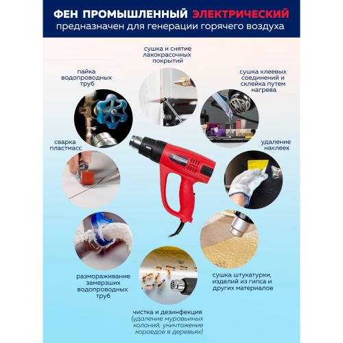 Промышленный электрический фен с насадками Forcekraft 220в, 50/60гц, 2000вт, 60/350/600с, 50/300/500л/мин,3 режима, класс защиты-двойная изоляция FK-HG55-2000LED(52344) фото 7