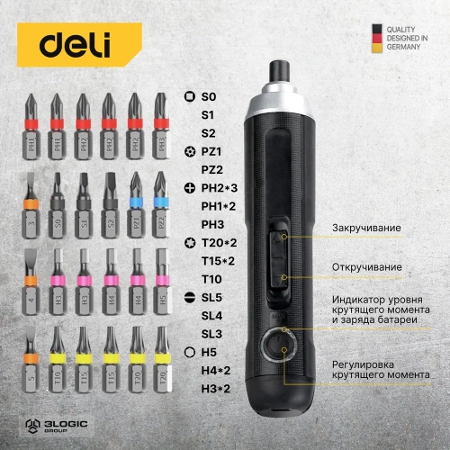 Аккумуляторная отвертка с прямой ручкой DELI DL-DP04-E1B2 102989 фото 6