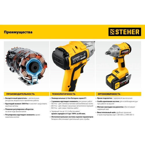 Бесщеточный гайковерт STEHER 20В, без АКБ CWB-300 фото 7