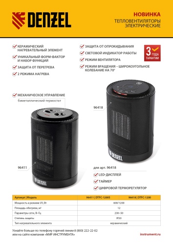 Тепловентилятор электрический керамический DTFC-1200, 3 режима, вентилятор, нагрев 600/1200 Вт Denzel фото 13