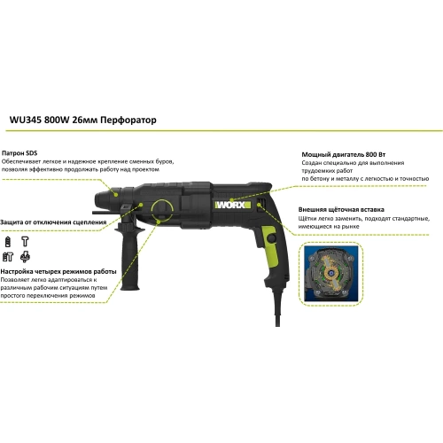 Перфоратор WORX Professional WU345 800 Вт, 3 Дж, 5500 уд/мин фото 3