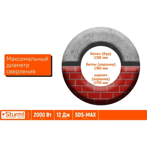 Перфоратор Sturm SDS-MAX 2000Вт, 12Дж, 3900уд/мин, 560об/мин, 2 режима, кейс RH25206PM фото 7