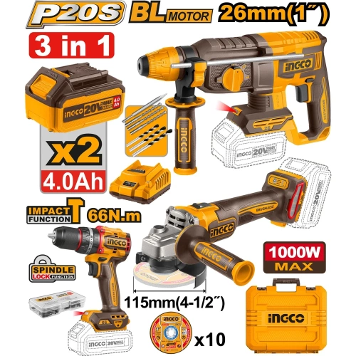 Набор аккумуляторного инструмента INGCO 3 шт 20В INDUSTRIAL COSLI241198 фото 3