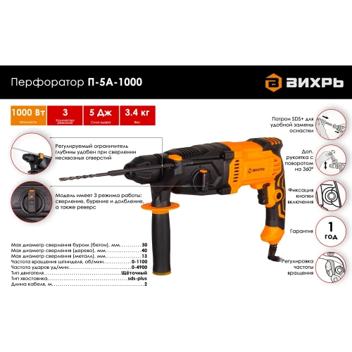 Перфоратор Вихрь П-5А-1000 72/3/11 фото 4