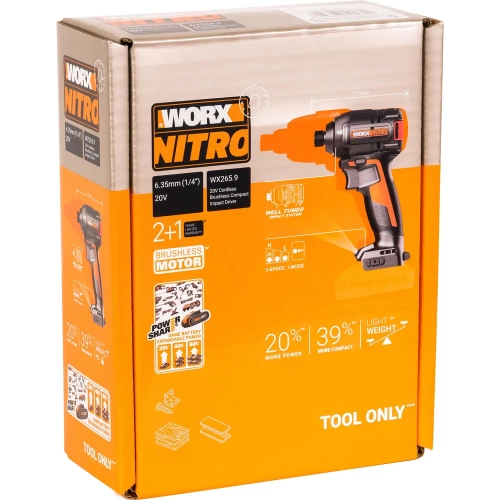 Винтоверт ударный WORX бесщеточный аккумуляторный, 20В, 200Нм, без АКБ и ЗУ, коробка WX265.9 фото 11