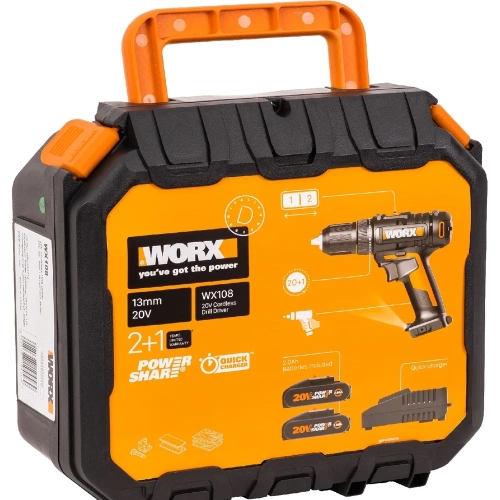 Аккумуляторная дрель-шуруповерт WORX WX108 45Нм, 20В, 2Ач x2, ЗУ 2А, кейс фото 3
