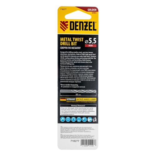 Сверло спиральное по металлу 5,5 x 93мм, Р6М5, Golden Tip, многогранная заточка Denzel фото 6