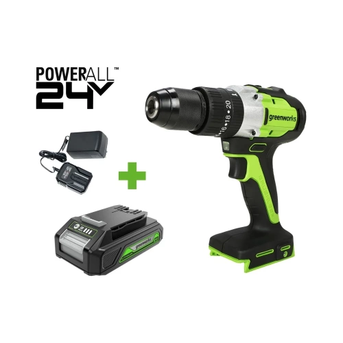 Дрель-шуруповерт ударная GreenWorks GD24DD60, 24V, б/щет, 0-450/0-1700 об/мин, 30/60Нм, 1x2Ач, ЗУ, кор 3704107VUA