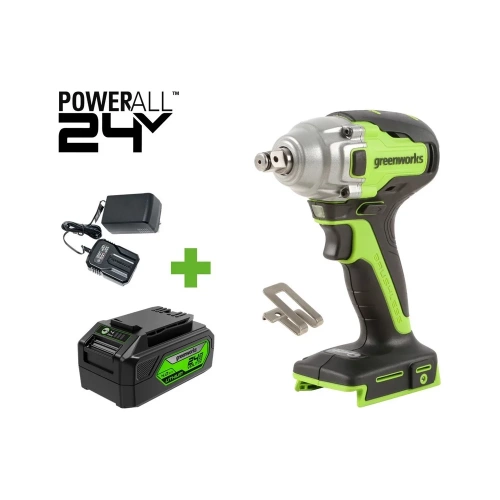 Гайковерт ударный GreenWorks GD24IW400, 24V, б/щет, 0-2800об/мин, 4000уд/мин, 1/2'', 400Нм, 1x4Ач, ЗУ, коробка 3802907VUB фото 3
