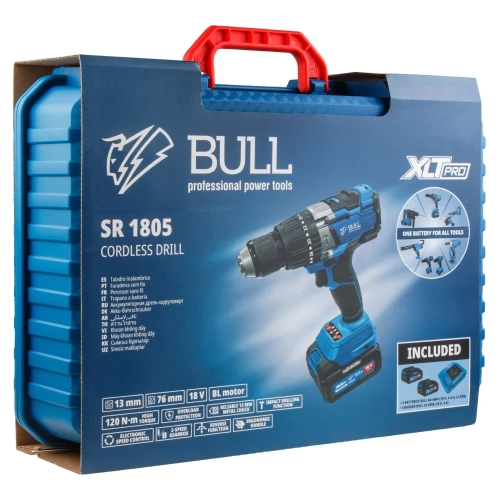 Аккумуляторная дрель-шуруповерт BULL SR 1805 в чем. XLTpro, 2x4 А*ч, БЕСЩЕТ., 18 В, 120 Н*м, БЗП(мет.) 13 мм 1329603 ЦЗ-0671421240 фото 9