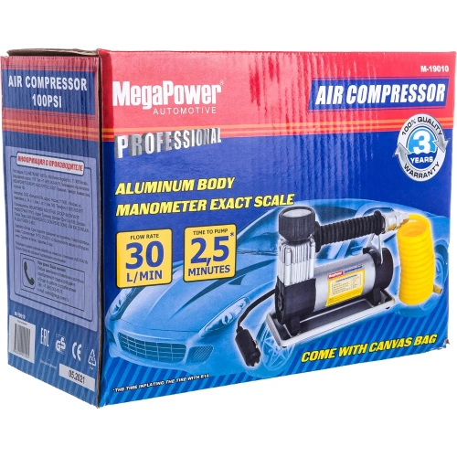Поршневой компрессор 100PSI удлиненный шланг, в сумке 12V MEGAPOWER M-19010 фото 4