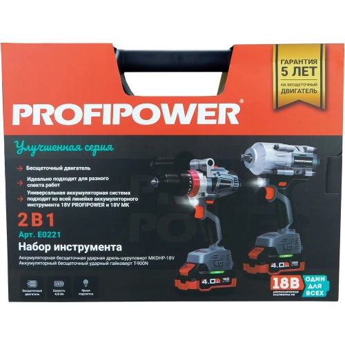 Аккумуляторный бесщеточный набор 2в1 Profipower ProfiSet 2С18, Li-ion 2шт, 4Ач, адаптер HEX, набор головок, З/У, кейс, E0186, E0087, E0221 фото 5