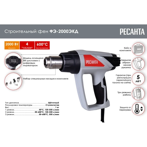 Строительный фен Ресанта ФЭ-2000ЭКД 75/2/3 фото 3