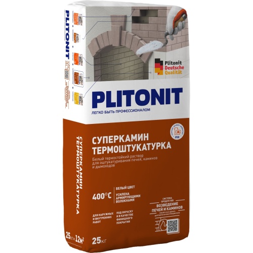 Раствор для отделки печей и каминов Plitonit Суперкамин Термоштукатурка белый 25 кг