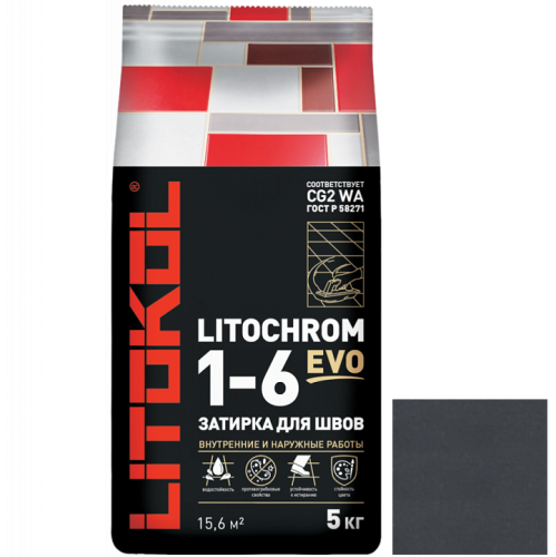 Затирка цементная для швов Litokol Litochrom 1-6 Evo LE.140 Мокрый асфальт 5 кг