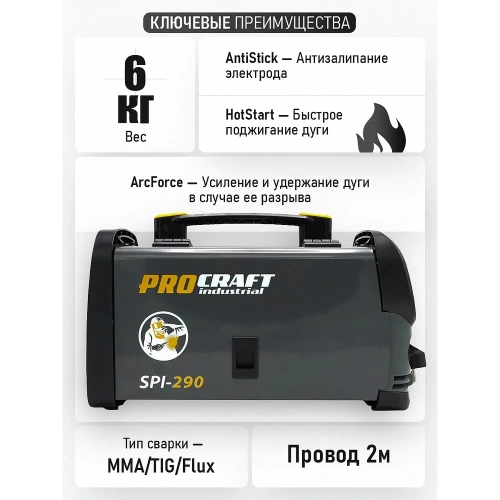 Сварочный полуавтомат инверторный PROCRAFT 3.8 кВт, 20-130А, MIG/MAG,MMA SPI-290 фото 10