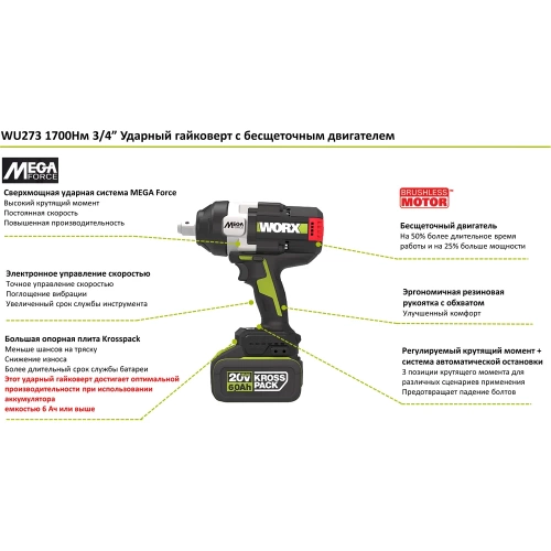 Аккумуляторный ударный гайковерт WORX Professional WU273.9 фото 4