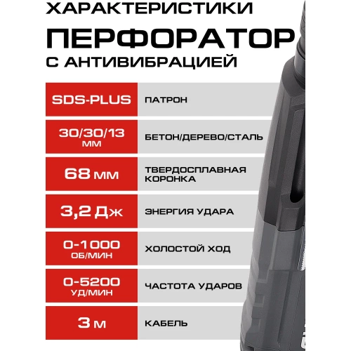 Перфоратор СТАВР SDS-PLUS, 30мм, горизонт, 1100Вт, Stavr SBH 1100-30AV, 3 режима, AVS, 3.2Дж, 0-1000об/мин, 0-5200уд/мин, кабель 3м (набор осн, кейс) 9030300314 фото 10